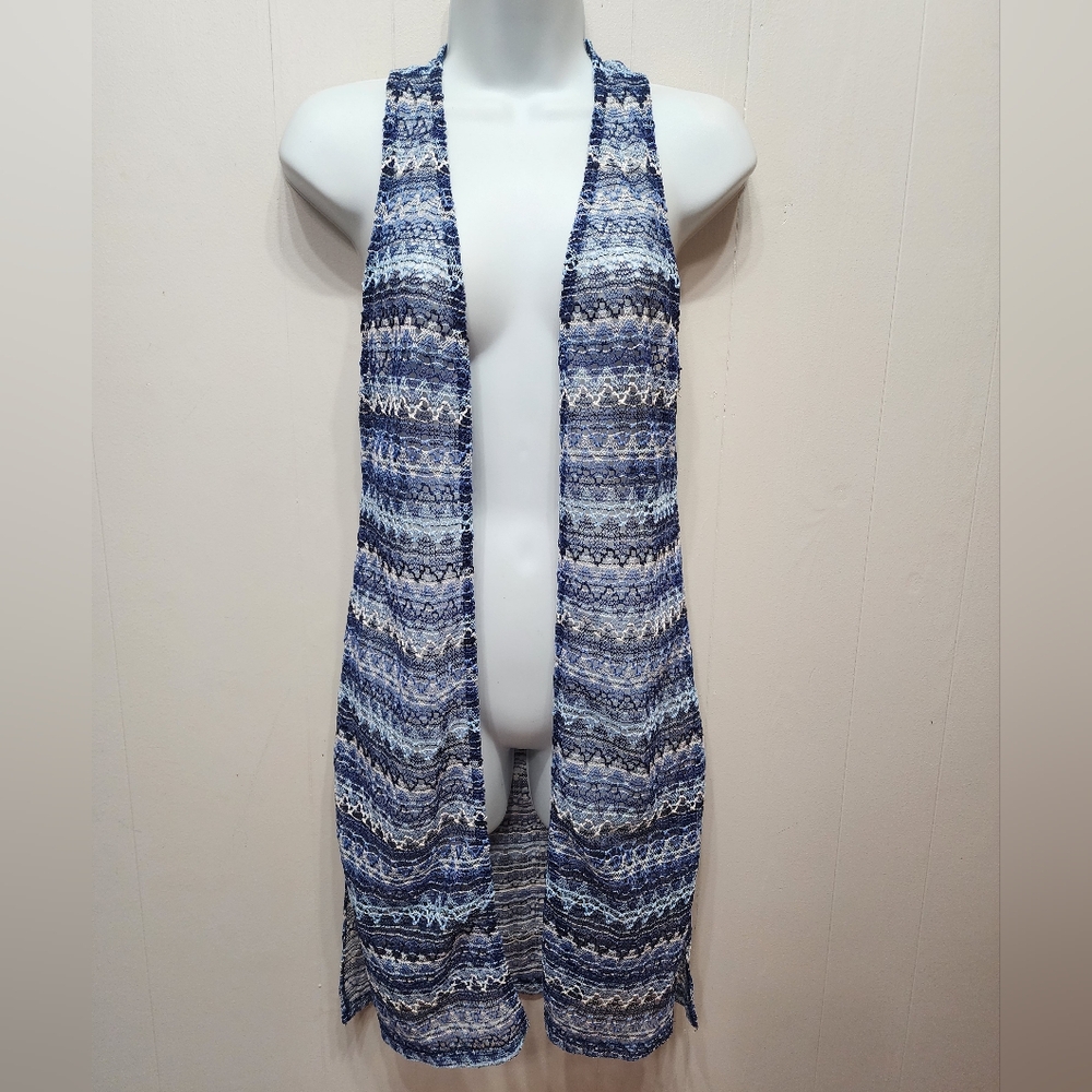 Self Esteem Vest Small Long Lightweight Blue White Casual Chevron Print B696